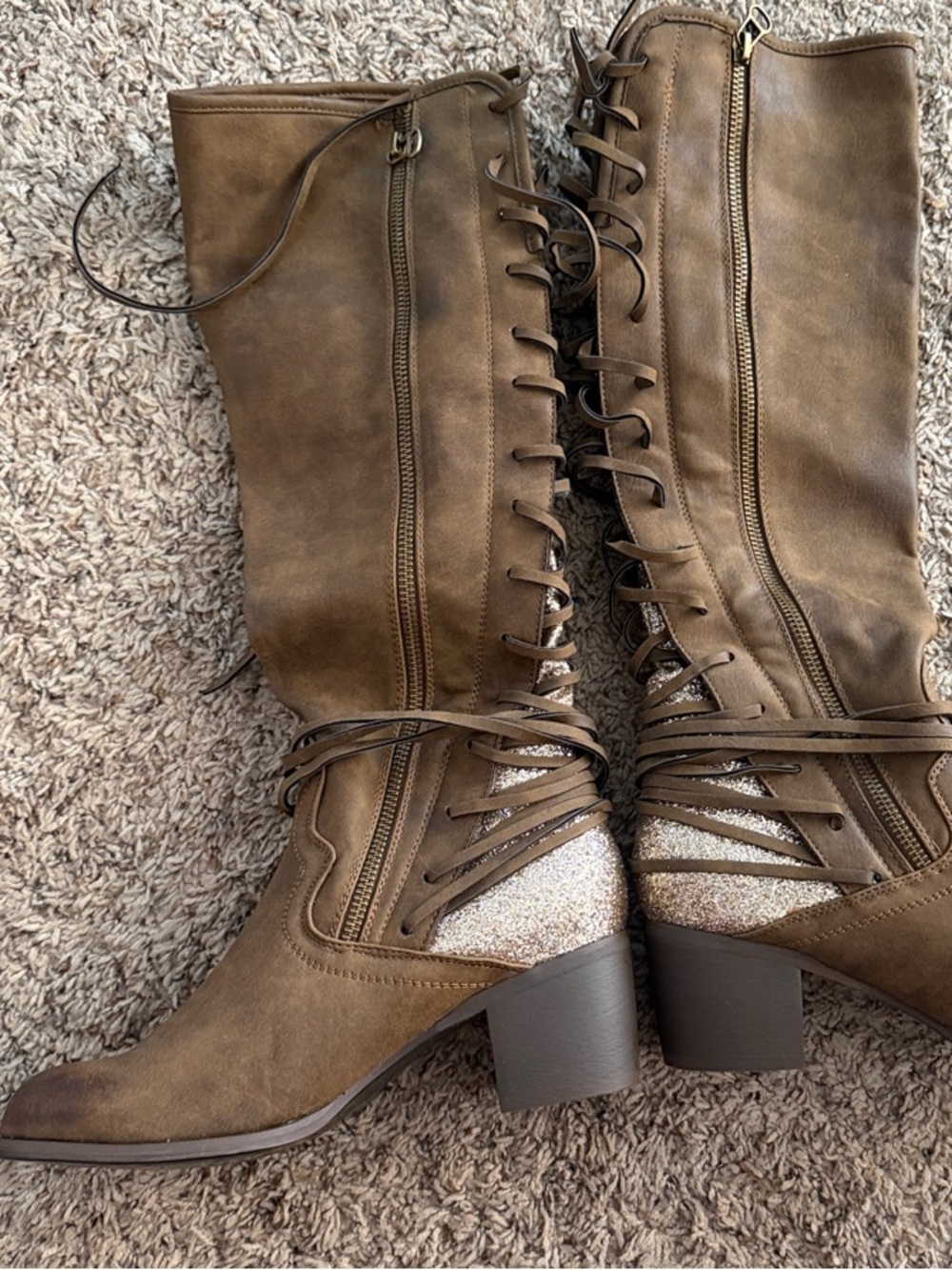 Southern Fried Chics Size 8 Women’s Brown Lace-Up Mid-Calf Block Heel Boots